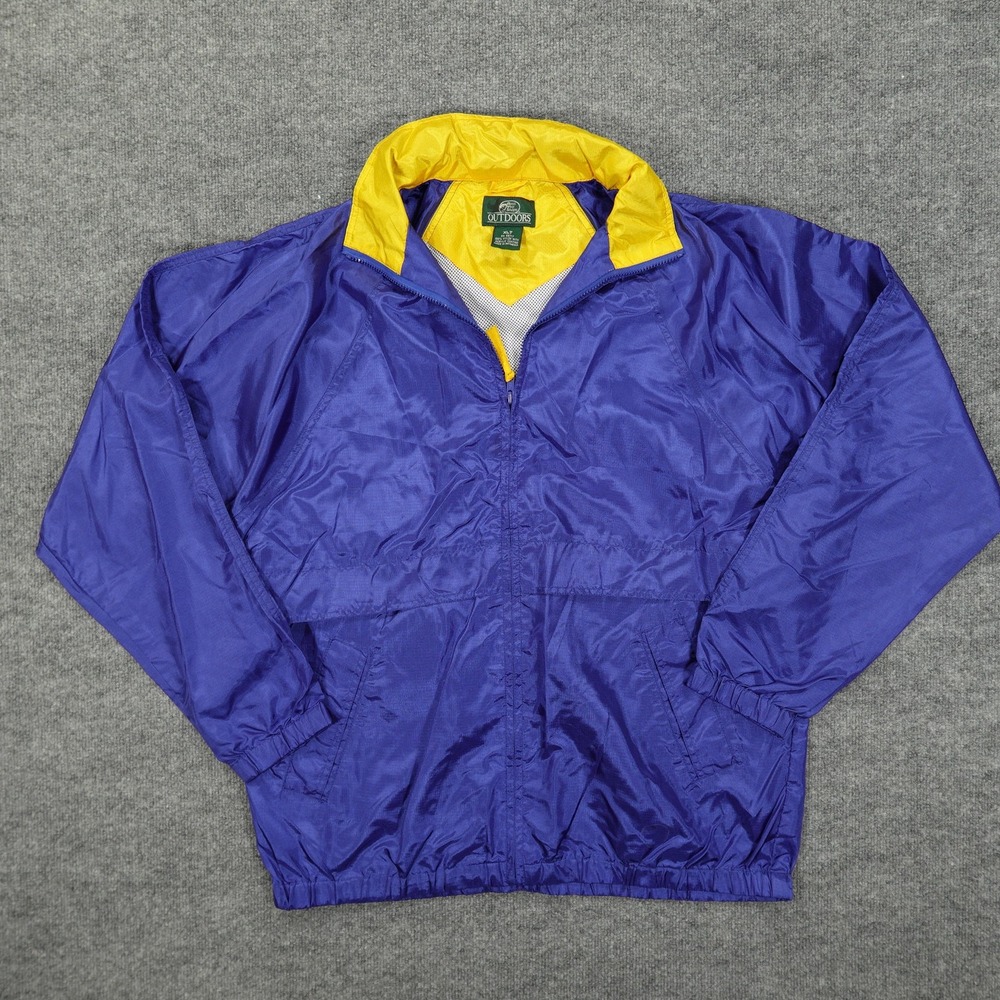 Vintage Bass Pro Shops Jacket Mens XLT Purple Yellow Windbreaker Packable Hood